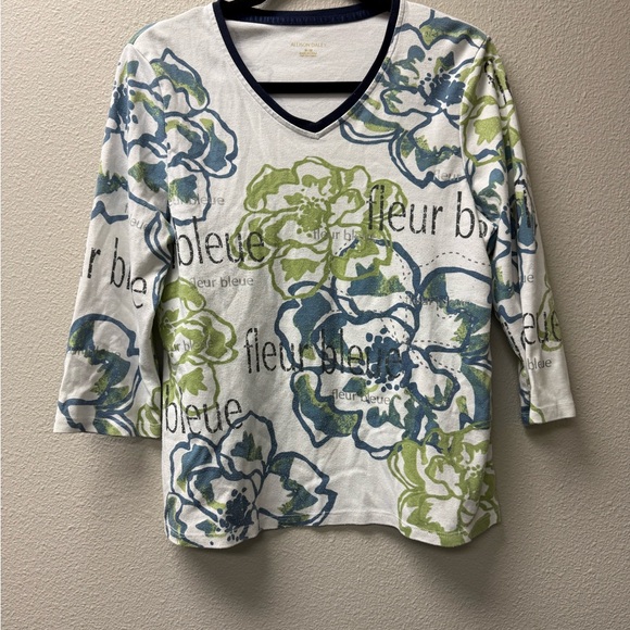 Allison Daley Floral V-Neck Top Blue Green 3/4 Sleeve Medium - Picture 2 of 6